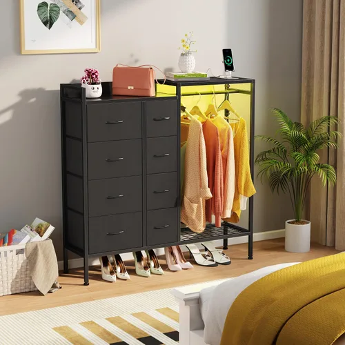 Vista 8 de HIGDBFE Cómoda con estante para colgar, cómoda de 8 cajones para dormitorio con estación de carga y luces LED, cómoda de tela con zapatero, cómoda