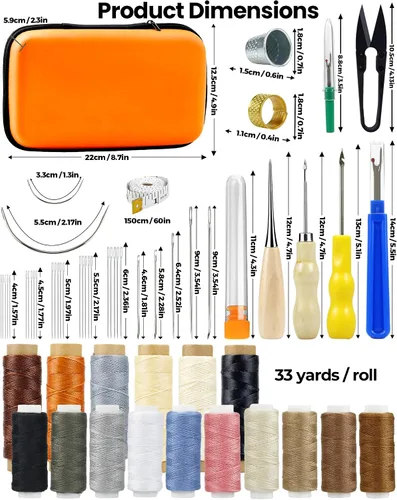 Vista 2 de Kit de reparación de tapicería de cuero: PLANTIONAL - Kit de costura de 60 piezas con hilo encerado y de tapicería, aguja de ojo grande, 3 puntas