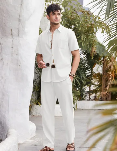 Vista 2 de COOFANDY Conjunto de 2 piezas de lino para hombre, conjunto de camisa y pantalón con botones para la playa