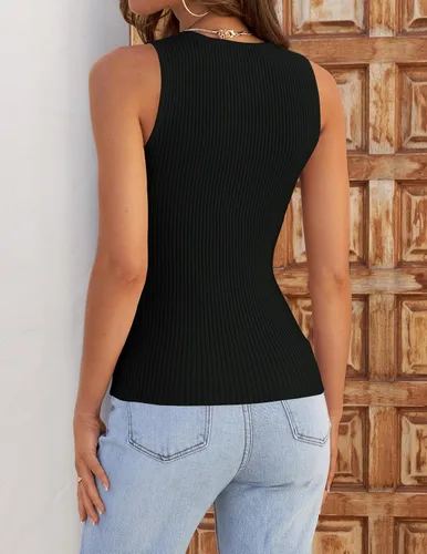 Vista 4 de ZESICA Camisetas sin mangas acanaladas para mujer, de verano, sin mangas, cuello alto, casual, ajustadas, básicas, de punto