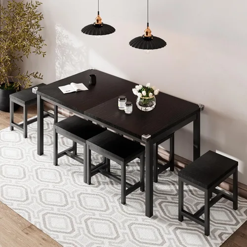 Vista 7 de iPormis Juego de mesa de comedor extensible de 7 piezas con 6 taburetes, juego de mesa de cocina de 63 pulgadas para 4 a 8 personas, mesa de comedor