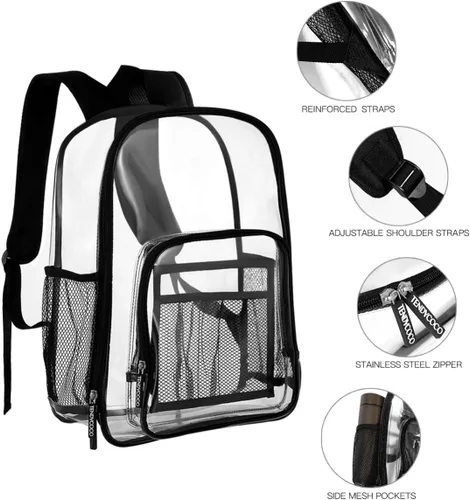 Vista 4 de TENDYCOCO Mochilas transparentes resistentes con correa reforzada, bolsa transparente aprobada para estadios, mochila transparente para estadios