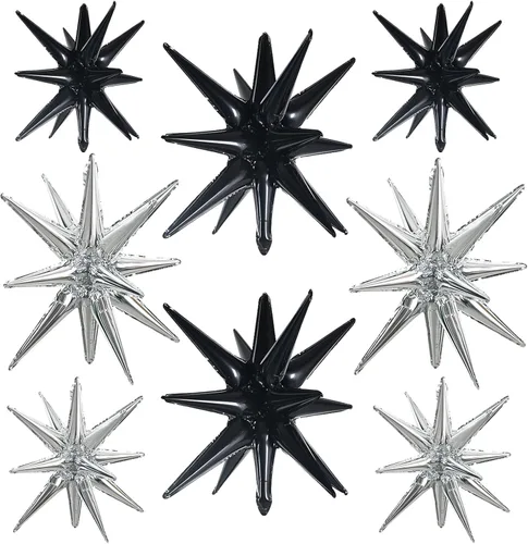 Vista 72 de TONIFUL 4 globos 4D enormes de estrella negra de 22 pulgadas, globos de aluminio de Mylar de estrella explosión para suministros de fiesta, telón