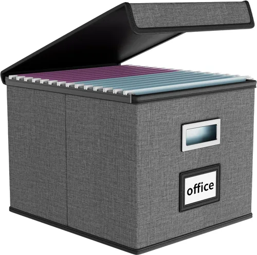 Vista 69 de Caja organizadora de archivos Huolewa con tapa, caja organizadora de carpetas de archivos colgantes de cuero sintético plegable con deslizadores