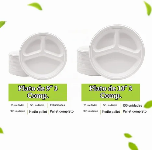 Vista 7 de three leaf platos redondos de bagazo de 10 pulgadas con 3 compartimentos, 25 unidades. Platos de bagazo desechables, 100 % biodegradables