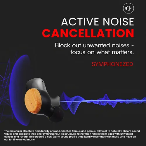 Vista 3 de Symphonized Auriculares inalámbricos de madera con graves profundos, 35 horas de reproducción de sonido 3D. Cancelación de ruido con micrófono.