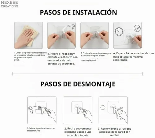 Vista 4 de Paquete de 24 ganchos autoadhesivos resistentes, 33 libras (máx.), transparentes, sin uñas, impermeables, ganchos de pared adhesivos para llaves