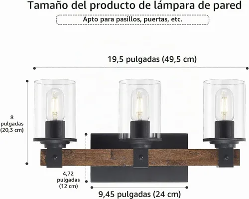 Vista 5 de DUJAHMLAND Lámpara de tocador de granja, lámpara de pared de madera de baño de 3 luces sobre espejo con pantalla de vidrio transparente, iluminación