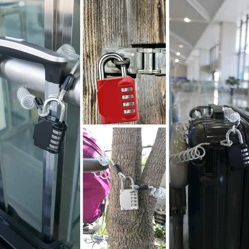 Vista 6 de Candado de combinación de 4 dígitos impermeable para exteriores con cable de acero para casillero de gimnasio, casco, puerta, valla, equipaje