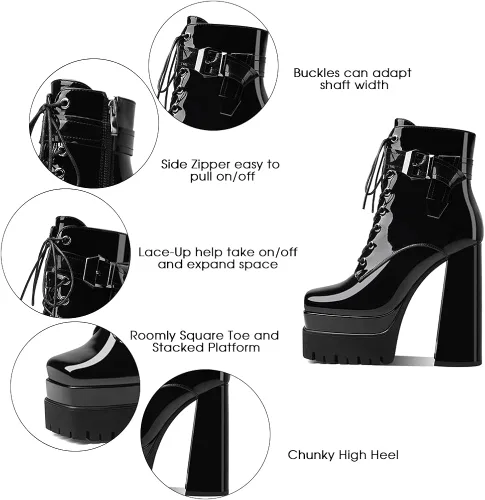 Vista 3 de Artrotter Botas de plataforma con hebilla para mujer con cordones y punta cuadrada tacón grueso botines de combate de cuero