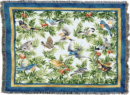 Vista 2 de Pure Country Weavers Manta de pájaros cantores por Elena Vladykina – Tapiz de regalo floral de jardín de pájaros, manta tejida de algodón, fabricada