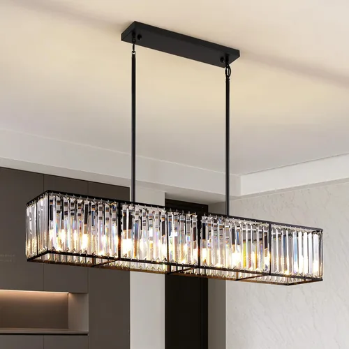 Vista 10 de Siljoy Candelabro rectangular moderno de cristal, 5 luces, color negro, rectangular, con forma de gota de lluvia, lámpara de techo colgante lineal