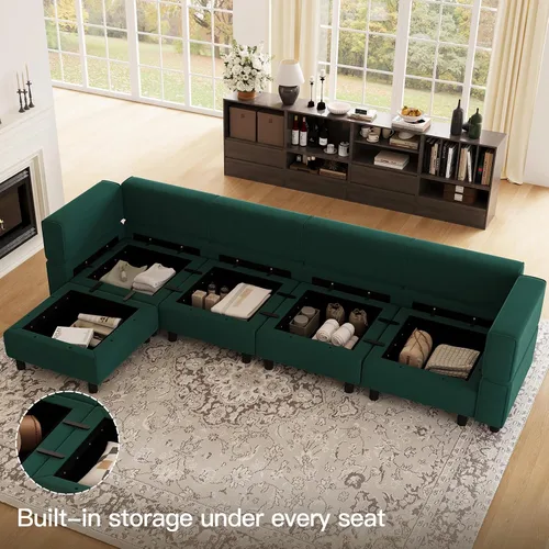 Vista 4 de Belffin - Sofá modular seccional con tumbona reversible de terciopelo, en forma de L, con almacenamiento, convertible de 4 plazas, color verde