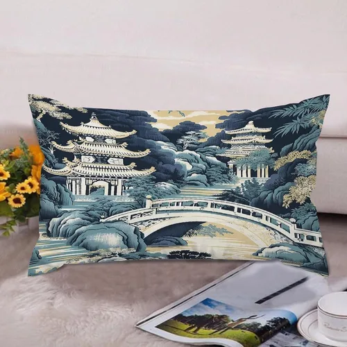 Vista 4 de Chinoiserie - Fundas de almohada decorativas de porcelana azul y blanca con patrón de edificios de estilo chino de 12 x 20 pulgadas, fundas de cojín