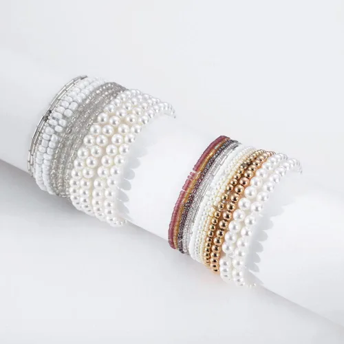Vista 7 de Caiyao Juego de pulseras elásticas de perlas de imitación para mujer, multicapa con cuentas bohemias de semillas de arroz, hilo de perlas apilable