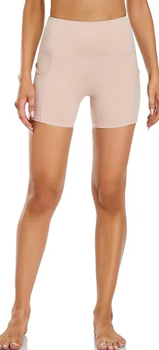 Vista 5 de Oalka Pantalones cortos de yoga para mujer, con bolsillos laterales, cintura alta, para entrenamiento, correr, deportes, 4 pulgadas