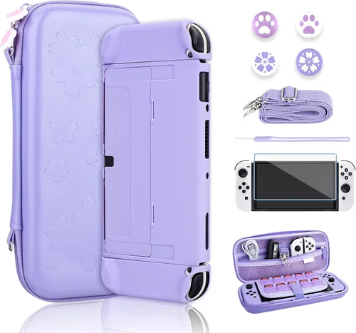 Vista 8 de RHOTALL Cute Sakura Carrying Case Set for Nintendo Switch OLED,Pink Flower Accessories Bundle for Switch OLED with Hard Case, Screen Protector, 4
