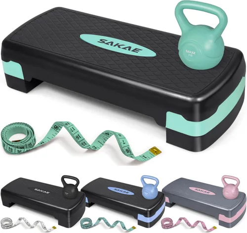 Vista 9 de SAKAE Set de Plataforma de Step Aeróbicos con Kettlebell y Cinta Métrica, Steps Aeróbicos para Ejercicio en Casa, Altura Ajustable 2 Niveles