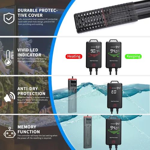 Vista 3 de Calentador de acuario de 800 W sumergible para pecera con tubos de cuarzo dobles y controlador de temperatura de pantalla LED para 80-220 galones