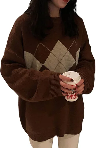 Vista 3 de Suéter de punto de Argyle para mujer, estilo dulce y preparado, para otoño e invierno, chaleco Y2K Top E-Girl Vintage Suéter
