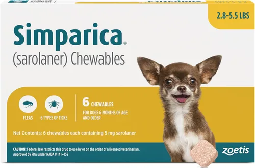 Vista 10 de Simparica (sarolaner) Masticables para perros, 120 mg/tab, 88.1-132 libras (marrón), 6 tabletas