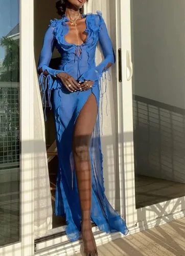 Vista 3 de Vestido de playa de malla transparente con volantes, vestido largo con cuello redondo, sexy, para verano, fiesta nocturna, vestido de natación
