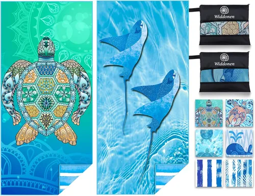 Vista 24 de Widdonen Toalla de playa de microfibra, compacta, paquete de 2 unidades, 71 x 32 pulgadas con bolsa de viaje Paquete de 2 Blue Peank Dream World