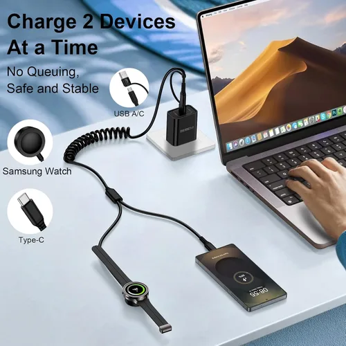 Vista 2 de Cargador de reloj Samsung 2 en 2 USB C Cable de carga rápida para Samsung Galaxy Watch 8/7/Ultra/6/6 Classic/5 Pro/5/4/4 Classic/3/Active2, cable