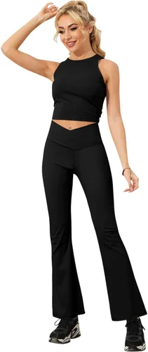 Vista 2 de Esobo - Pantalones de yoga para mujer, de cintura alta, pierna ancha, acampanados, de trabajo, de vestir