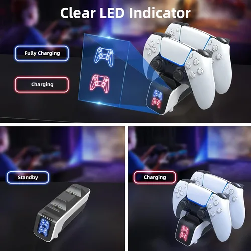 Vista 5 de Estación de carga para controlador PS5 con base de carga doble, carga rápida de 5 V, accesorios de cargador inalámbrico PS5 para controlador