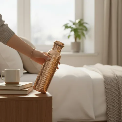 Vista 6 de Botella de agua de cobre puro de 34 onzas, recipiente ayurvédico auténtico para apoyo inmunológico y bienestar, ecológica, sin BPA, 100% cobre