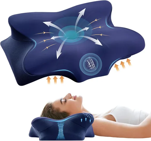 Vista 14 de Almohada cervical de espuma viscoelástica para cuello y hombros, almohada cervical de contorno ergonómico para dormir con 2 alturas, almohadas