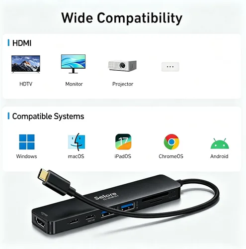 Vista 7 de Adaptador HDMI USB C Hub para MacBook Pro/Air, Dongle USBC 7 en 1 con HDMI, lector de tarjetas microSD/SD, puerto de datos USB C, 100 W PD y 2 USB