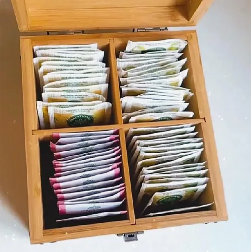 Vista 3 de Caja Organizadora de Té de Bambú Sin Químicos Ecológica Grande, Alta, Compartimentos Ajustables Baúl de Almacenamiento de Madera Natural