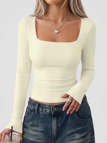 Vista 5 de Trendy Queen - Camisas ombligueras para mujer, manga larga, cuello cuadrado, básicas, para salir, de invierno, Y2K Albaricoque