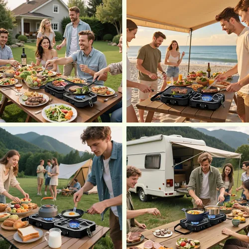 Vista 6 de Estufa de camping portátil de propano Estufa de campamento con calor ajustable independientemente y bolsa de transporte, estufa de gas plegable