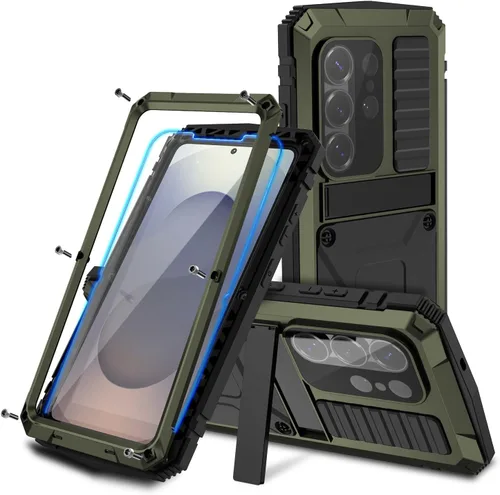 Vista 19 de Funda de metal para Samsung S22 5G con función atril, protector de pantalla integrado, resistente armadura militar duradera, cuerpo completo Negro
