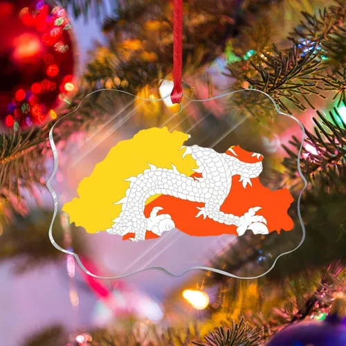 Vista 8 de Silueta de la bandera de Bután, adornos para árbol de Navidad, bandera nacional, recuerdo, decoraciones de Navidad, adornos acrílicos de Bután