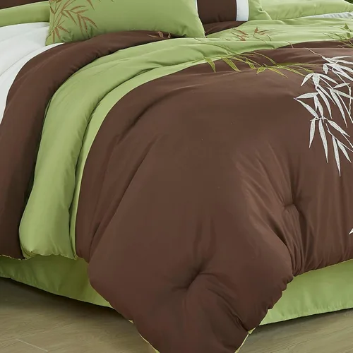 Vista 4 de Chezmoi Collection Bengal - Juego de edredón bordado de bambú de 7 piezas, tamaño matrimonial, ropa de cama de microfibra de hierba de bambú verde