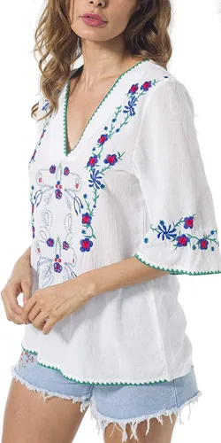 Vista 7 de YZXDORWJ Blusas estilo túnica mexicanas con bordado bohemio de verano para mujer