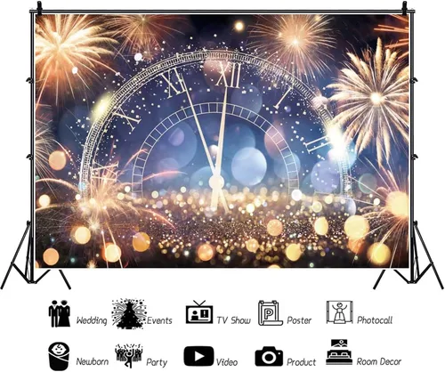 Vista 2 de Yeele Fondos de feliz año nuevo de 15 x 10 pies, fuegos artificiales brillantes Bokeh Halos, reloj de cuenta regresiva, fondo fotográfico para 2023