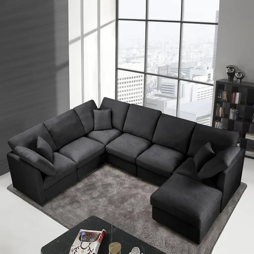 Vista 17 de Anwick Sofá modular en forma de L de 117 pulgadas, moderno sofá modular de pana con otomana movible de 5 asientos, sofás seccionales convertibles