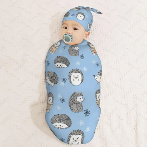 Vista 8 de Lindos erizos azules para recién nacidos, conjuntos de gorros, manta suave para bebé, saco de envolver para baby shower, regalo para niños y niñas