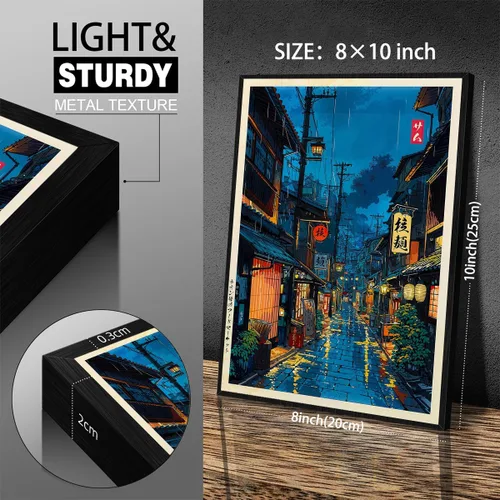 Vista 2 de Podafu Arte de Pared en Lienzo de Casa de Té Japonesa de Tokio - Decoración Moderna Ukiyo-e - Marco Negro - 10L" x 8W" - Dormitorio y Sala de Estar