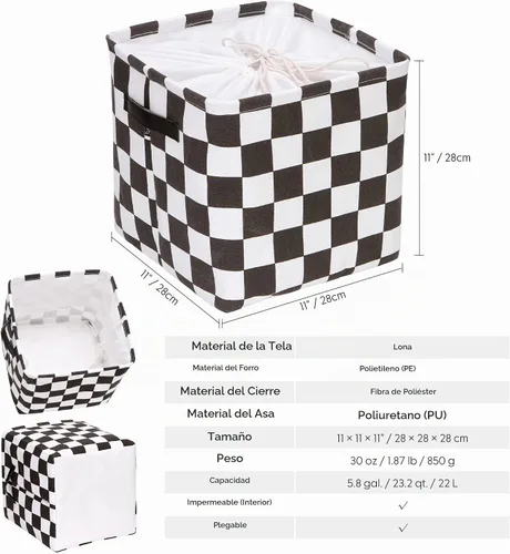 Vista 6 de Hinwo Cubos de almacenamiento de lona plegables con asas, 11 pulgadas Tablero de ajedrez negro