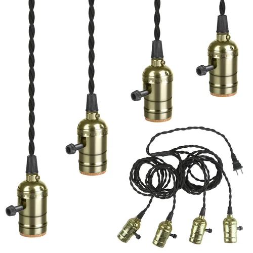 Vista 10 de Kit de luz colgante vintage enchufable con portalámparas colgantes E26/E27 de 1 a 3, luz colgante industrial con interruptores rotativos Negro