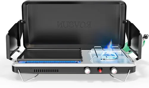 Vista 12 de ROVSUN Estufa de campamento de propano de 20000 BTU con adaptador, 2 quemadores de mesa portátil de propano con mango integrado y panel de viento