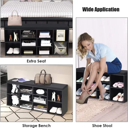 Vista 7 de KOTEK Banco de zapatos de madera con cojín, zapatero de 10 cubos con estantes ajustables, organizador de almacenamiento de zapatos para sala