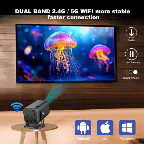 Vista 2 de Mini proyector con WiFi y Bluetooth, soporte para proyector portátil 4k 1080P HD, 250 ANSI, corrección trapezoidal automática, giratorio 180°