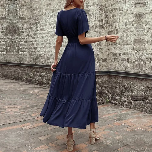Vista 4 de Vestidos de regreso a casa para mujer, con botones sólidos, cuello en V, longitud de la cintura, vestido casual de verano, vestido grueso, S-XL